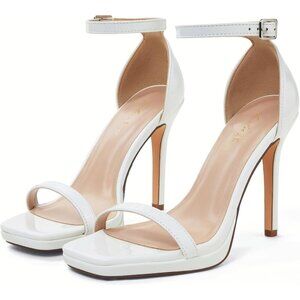 Women's White Satin Open Square Toe Ankle Strap Platform High Heel Sandals